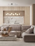 Lampa wisząca Caminos 14xG9 w kolorze czarnym z elementami złotymi, zawieszona na cienkich linkach. Oświetlenie składa się z dziewięciu okrągłych kloszy. Produkt umieszczony w nowoczesnym wnętrzu z jasnymi meblami i marmurowym blatem.