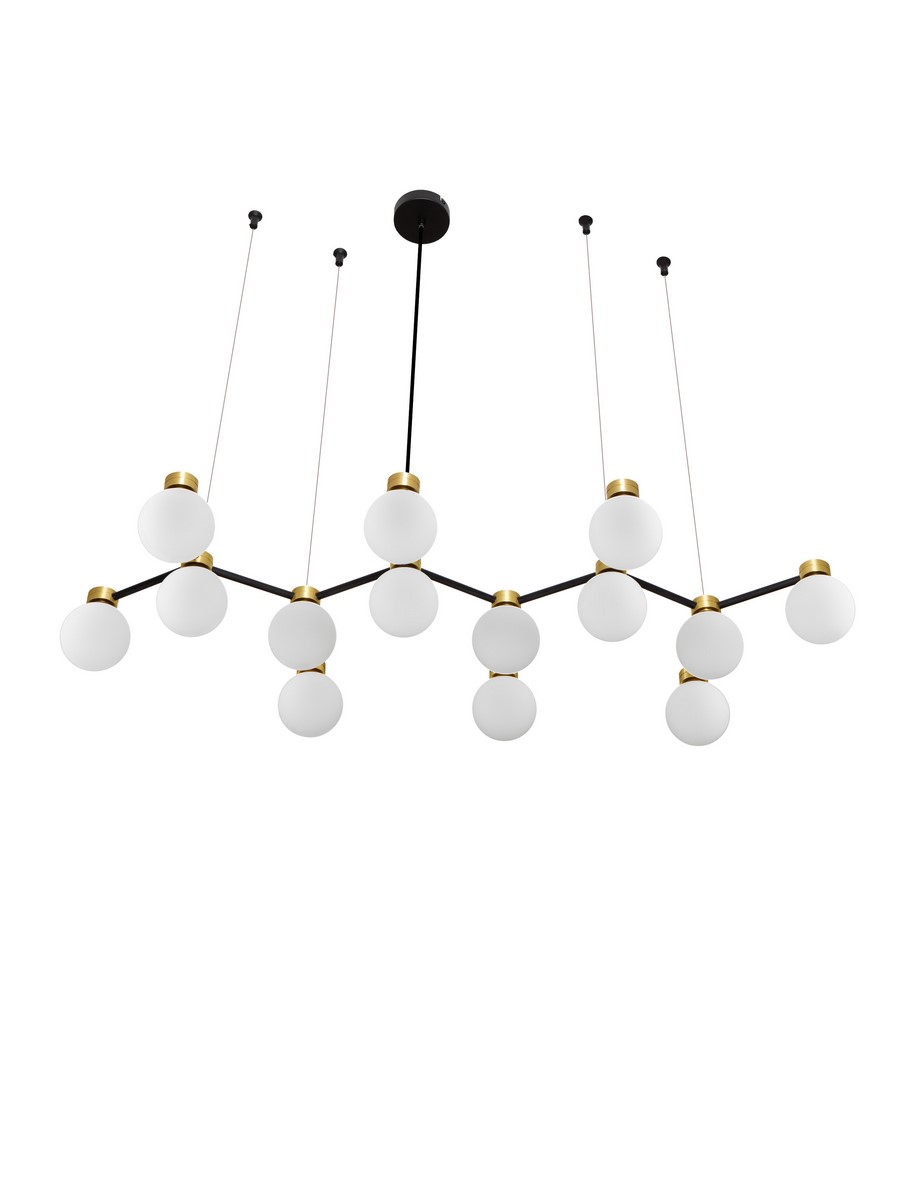 Lampa wisząca Caminos 14xG9 w kolorze czarnym i złotym. Konstrukcja z czarnych metalowych ramion z białymi szklanymi kloszami. Ujęcie z góry, produkt zawieszony na cienkich linkach, prezentujący nowoczesny styl i elegancki design.