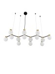 Lampa wisząca Caminos 14xG9 w kolorze czarnym i złotym. Konstrukcja z czarnych metalowych ramion z białymi szklanymi kloszami. Ujęcie z góry, produkt zawieszony na cienkich linkach, prezentujący nowoczesny styl i elegancki design.