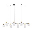 Lampa wisząca Caminos z 14 gniazdami G9, w kolorze czarnym i złotym. Okrągłe, mleczne klosze zawieszone na czarnych ramionach, tworzą nowoczesny, minimalistyczny design. Produkt wisi na cienkich linkach, idealny do nowoczesnych wnętrz.