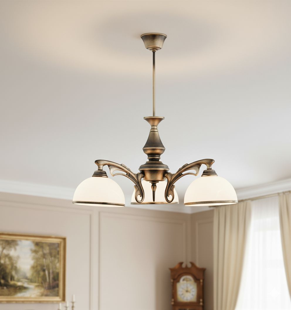 Żyrandol Hermes 3-punktowy O3163 W3 PAT w stylu klasycznym, z metalową konstrukcją w kolorze antycznego brązu i trzema mlecznymi kloszami. Zawieszony na prostym haku, idealny do aranżacji wnętrz. Tło neutralne, z widoczną dekoracją i zegarem.