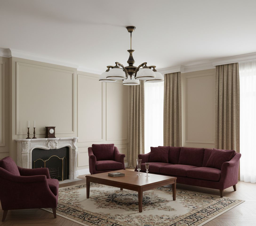 Żyrandol Hermes 5-punktowy O3165 W5 PAT, w kolorze patynowanego brązu z białymi kloszami, wiszący w centralnej części pomieszczenia. W tle widać elegancką aranżację z burgundowymi meblami i jasnymi zasłonami.