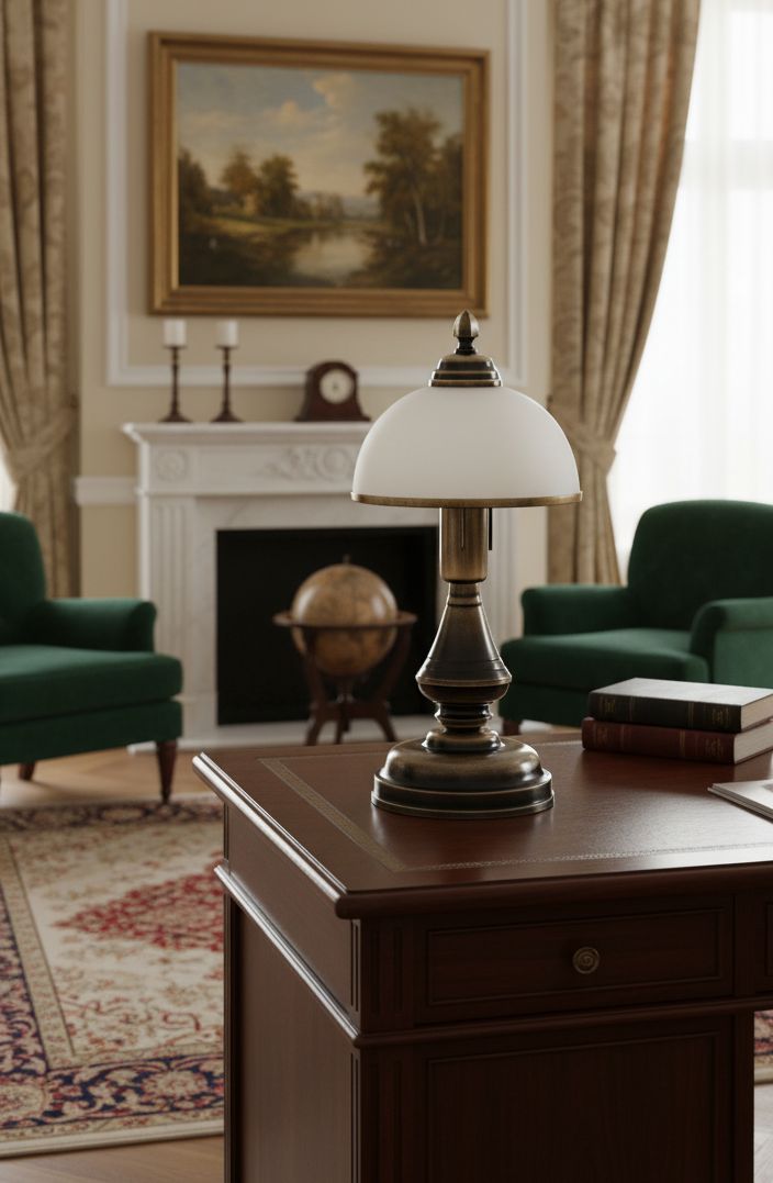 Lampka stołowa Hermes 1-punktowa O3168 L1 PAT z białym kloszem, metalową podstawą w kolorze brązowym, stojąca na drewnianym biurku. W tle widoczne zielone fotele oraz kominek z zegarem i globusem.