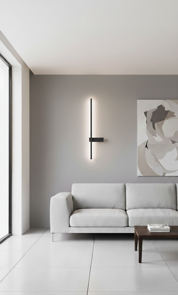 Kinkiet LED Lira 60, czarny, o mocy 8W i barwie światła 4000K, zamontowany na ścianie obok szarej sofy. Prosta, minimalistyczna forma z pionowym źródłem światła, umieszczona w nowoczesnym wnętrzu z obrazem na ścianie.