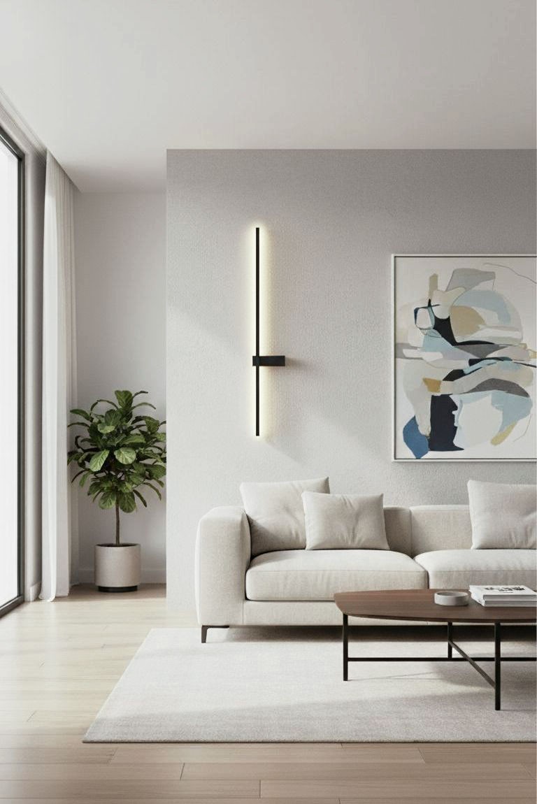 Kinkiet LED Lira 90 w kolorze czarnym, o mocy 12W i temperaturze barwowej 4000K, zamontowany na ścianie w nowoczesnym wnętrzu. Prosty, pionowy kształt z subtelnym, podświetlanym odcinkiem w górnej części. W tle widoczna roślina i minimalistyczne meble.