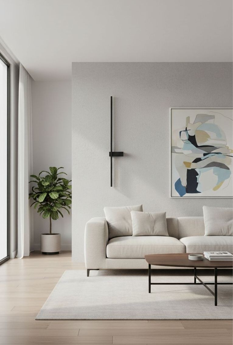 Kinkiet LED Lira 90 w kolorze czarnym, o mocy 12W i temperaturze barwowej 4000K, zamontowany na ścianie obok nowoczesnej sofy. Prosta, minimalistyczna forma, w pionowej pozycji, w jasnym wnętrzu z roślinnością i obrazem na tle.