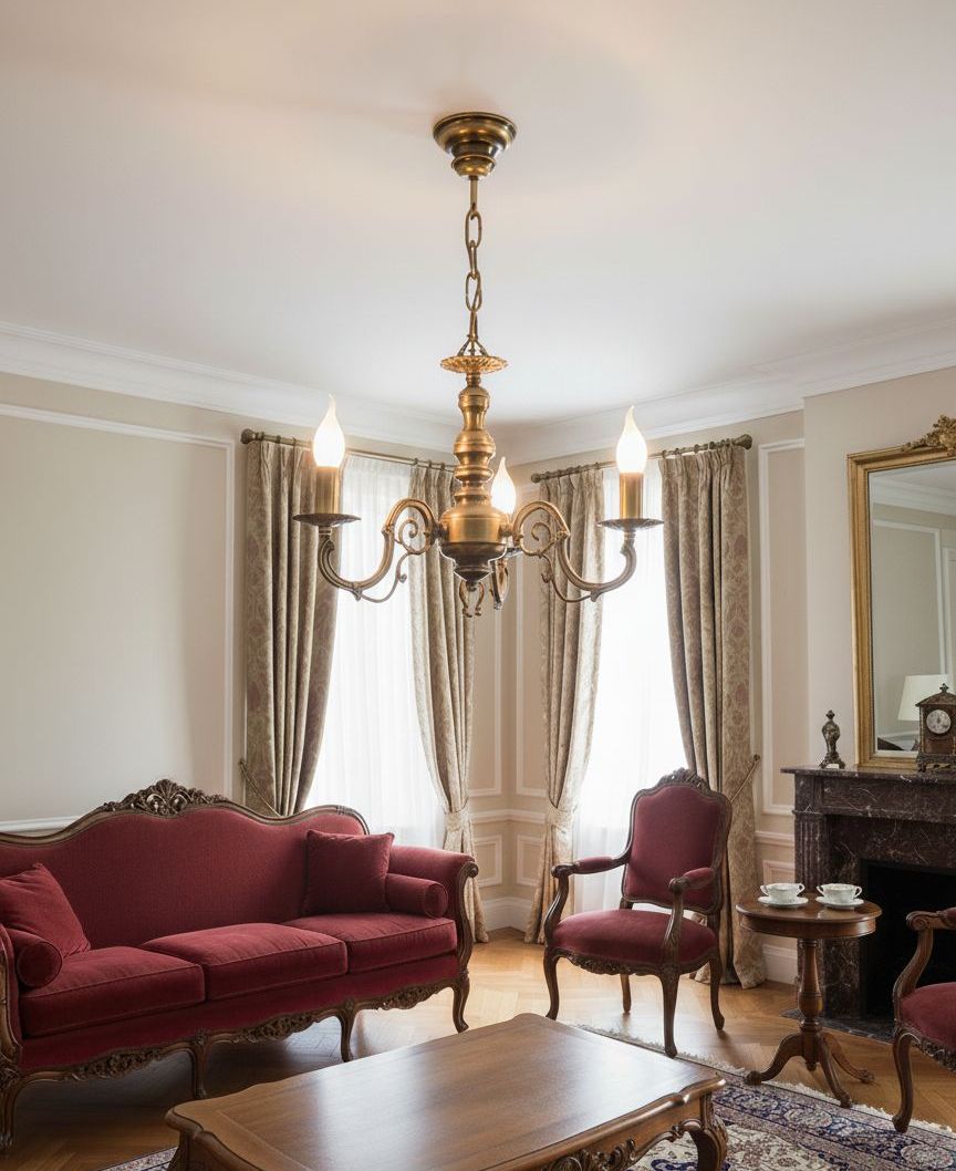 Żyrandol świecznikowy Antares 3xE14 w patynie, zawieszony na łańcuchu. Posiada trzy ramiona z lampami w kształcie świec, umieszczony w eleganckim wnętrzu z czerwonymi meblami i zasłonami. Tło jasne, z detalami klasycznego wystroju.