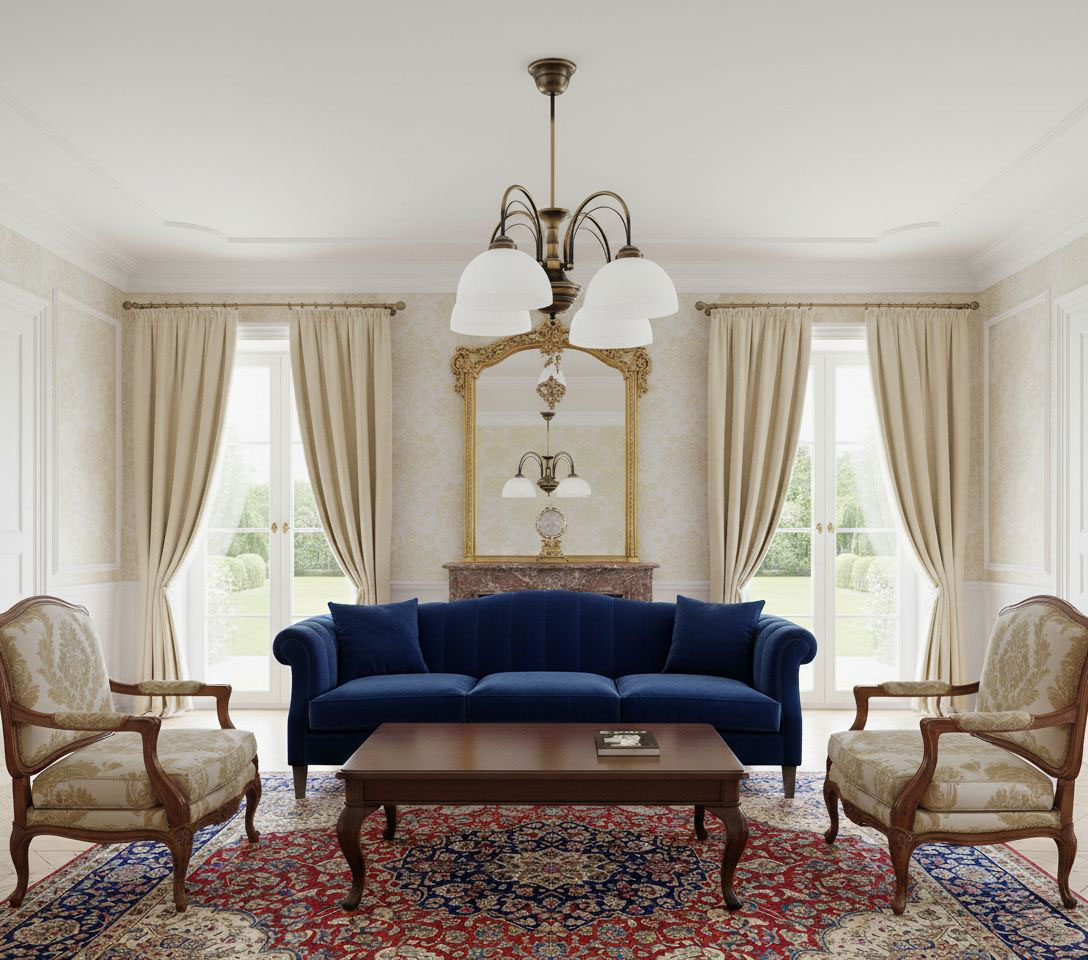 Żyrandol Opal 4xE27 w kolorze patyny, z czterema białymi kloszami, zawieszony w centralnej części pomieszczenia. W tle widoczny elegancki salon z niebieską sofą, drewnianym stołem oraz oknami z firankami.