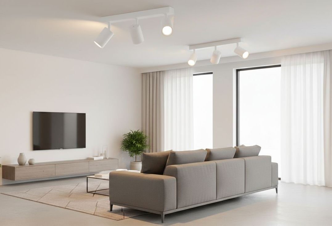 Biała lampa sufitowa typu spot, 3-punktowa, zamontowana na suficie. Reflektory są skierowane w różnych kierunkach. W tle widoczny nowoczesny salon z szarym sofą, telewizorem na ścianie i dużymi oknami z zasłonami.