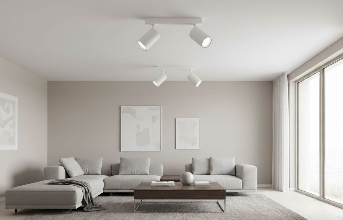 Lampa sufitowa Spoti 2-punktowa w kolorze białym, z zamontowanymi dwoma reflektorami. Ujęcie z dołu, ukazujące lampę na tle jasnej ściany w nowoczesnym wnętrzu z szarym sofą i drewnianym stolikiem.