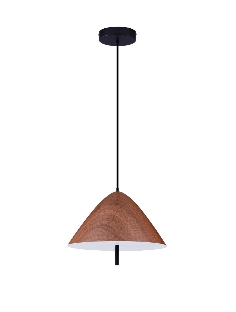 Lampa wisząca Carapari 1xLED 17W w kolorze czarnym z elementami ciemnego drewna. Kształt stożka z matowym białym wykończeniem na dole. Zawieszona na cienkim czarnym przewodzie, montowana do sufitu. Idealna do nowoczesnych wnętrz.