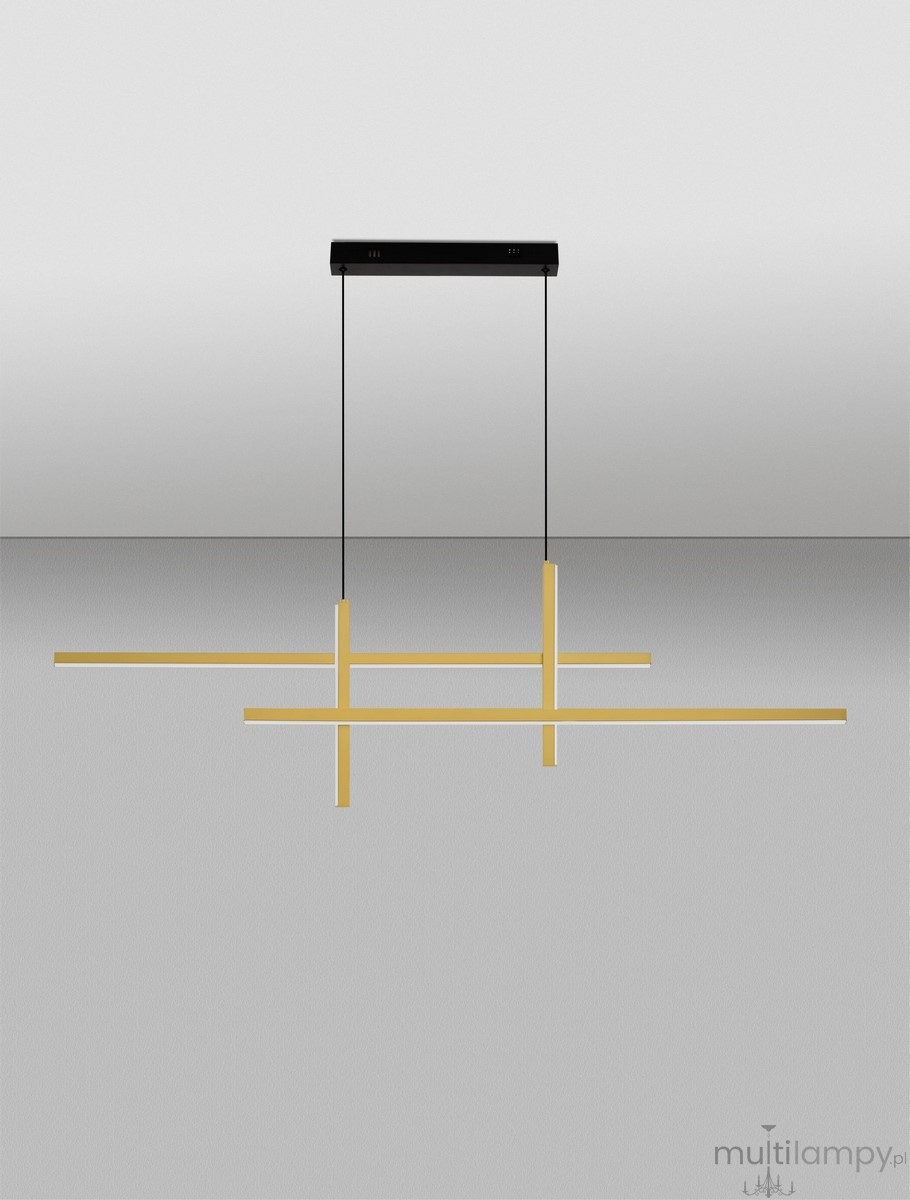 Lampa wisząca Charazani 1xLED 43W w kolorze czarnym i złotym. Składa się z prostokątnych, poziomych elementów w złotym odcieniu, zawieszonych na czarnych linkach z minimalistycznym, prostokątnym podsufitką.