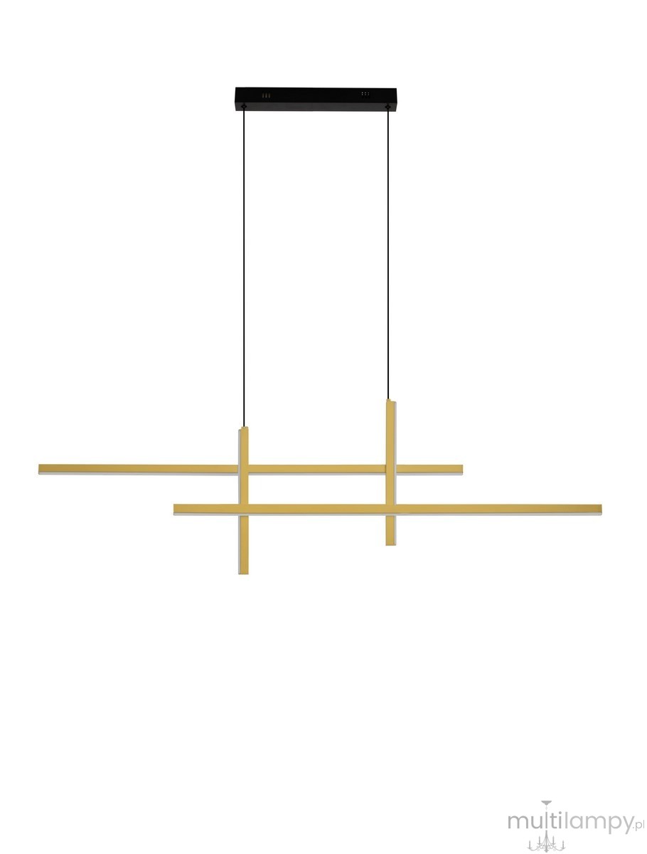 Lampa wisząca Charazani z jedną żarówką LED o mocy 43W, w kolorze czarnym i złotym. Składa się z kilku poziomych i pionowych elementów w złotym wykończeniu, zawieszona na czarnych przewodach, montowana do sufitu.