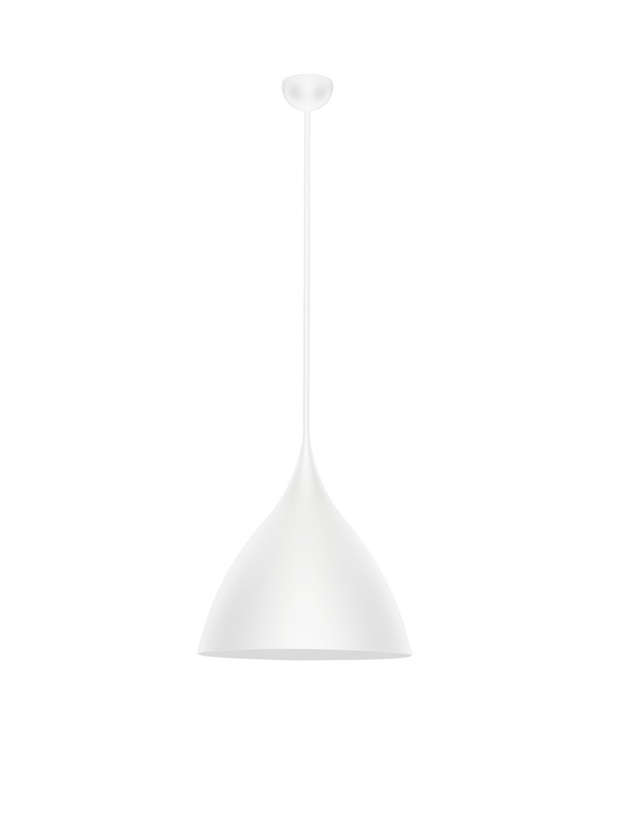 Biała lampa wisząca Chayanta z trzema gniazdami E27. Posiada opływowy kształt w formie stożka, zawieszona na cienkim kablu. Prosty design, idealna do nowoczesnych wnętrz, na białym tle.