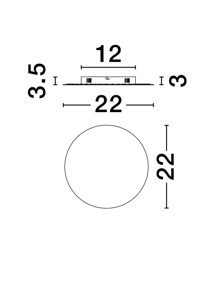 Kinkiet Chica 1xLED 12W w brązowej obudowie. Okrągły kształt o średnicy 22 cm i grubości 3,5 cm. Widok z góry, ukazujący wymiary oraz minimalistyczny design, idealny do nowoczesnych wnętrz.