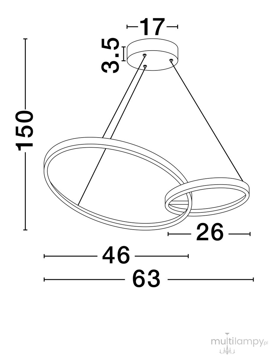 Lampa wisząca Chulumani 2xLED 36W w kolorze czarnym, o nowoczesnym designie, składająca się z dwóch połączonych okręgów. Wymiary: średnica większego okręgu 63 cm, mniejszego 46 cm, wysokość 150 cm. Zawieszona na cienkich linkach.