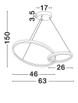 Lampa wisząca Chulumani 2xLED 36W w kolorze czarnym, o nowoczesnym designie, składająca się z dwóch połączonych okręgów. Wymiary: średnica większego okręgu 63 cm, mniejszego 46 cm, wysokość 150 cm. Zawieszona na cienkich linkach.