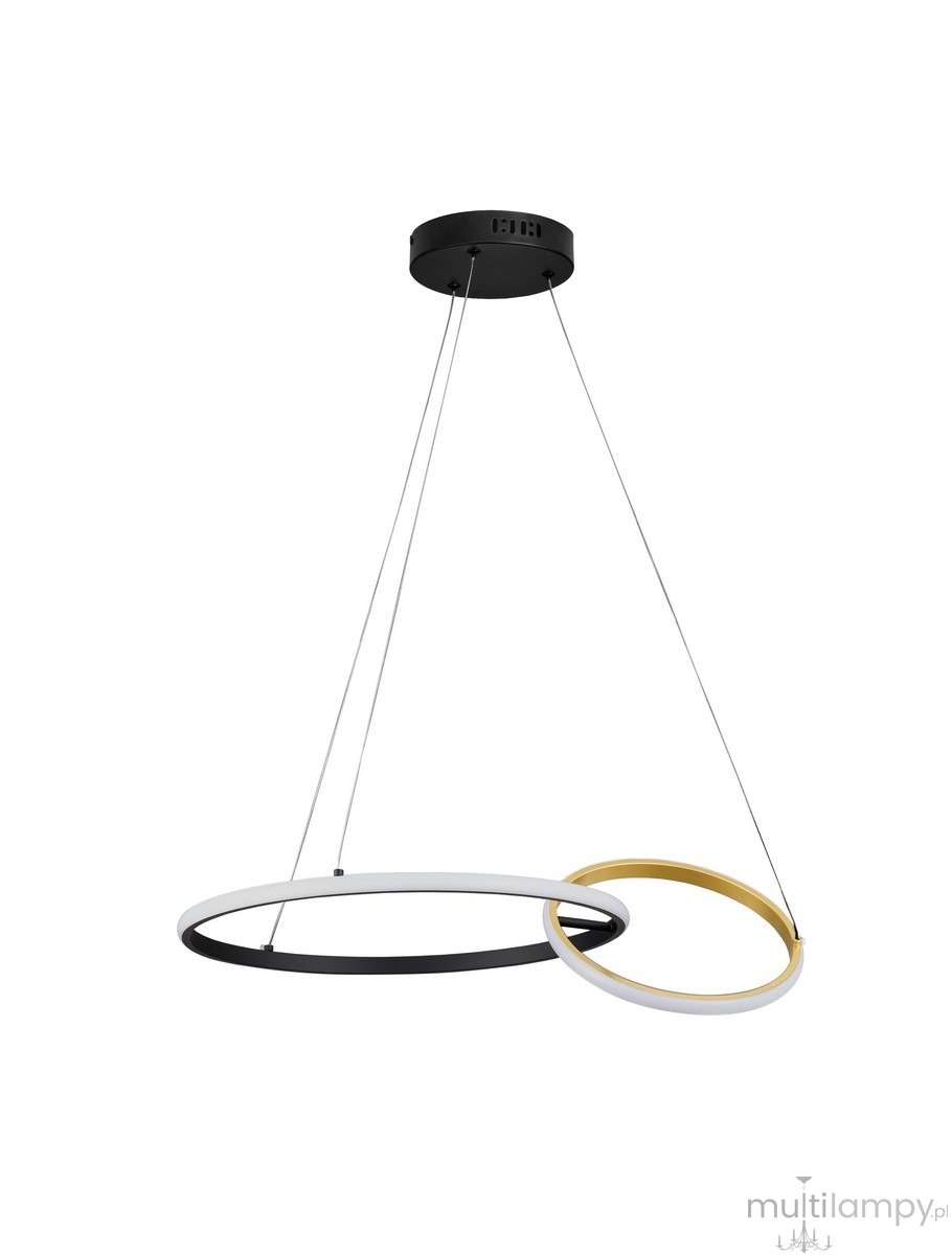 Lampa wisząca Chulumani 2xLED 36W w kolorze czarnym z okrągłymi elementami w kolorze białym i złotym, zawieszona na cienkich linkach. Kąt ujęcia frontalny, prezentujący elegancki design i nowoczesny styl.