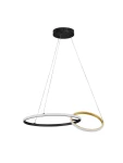 Lampa wisząca Chulumani 2xLED 36W w kolorze czarnym z okrągłymi elementami w kolorze białym i złotym, zawieszona na cienkich linkach. Kąt ujęcia frontalny, prezentujący elegancki design i nowoczesny styl.