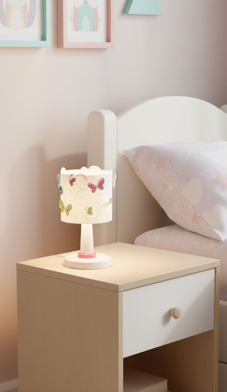 Lampka nocna Butterfly 1-punktowa, z białym abażurem ozdobionym kolorowymi motylkami w odcieniach różu i zieleni, umieszczona na stoliku nocnym. Baza lampki jest biała z różowym akcentem. W tle widoczna jasna pościel z wzorem serc i gwiazdek.