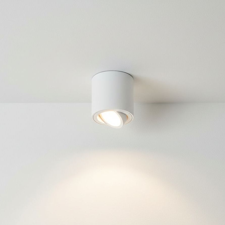 Mini lampa sufitowa tuba w kolorze białym, zamontowana na suficie. Posiada kierunkowe źródło światła w okrągłej obudowie. Tło jest jasne, co podkreśla minimalistyczny design lampy.