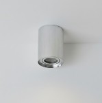 Srebrna szczotkowana lampa sufitowa w kształcie tuby, zamontowana na suficie. Posiada ruchomy klosz, który umożliwia kierunkowe oświetlenie. Gładka, metaliczna powierzchnia podkreśla nowoczesny design.