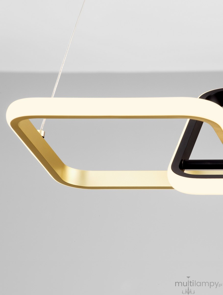 Lampa wisząca Chulumani z podwójnym źródłem LED 36W, w kolorze czarnym i złotym. Ujęcie z boku, pokazujące prostokątny kształt i cienkie linie. Wisi na przezroczystych żyłkach, z minimalistycznym designem, idealna do nowoczesnych wnętrz.