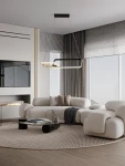 Czarna lampa wisząca Chulumani 2xLED 36W w nowoczesnym kształcie, zawieszona na cienkich linkach. W tle nowoczesny salon z jasnymi zasłonami i okrągłym dywanem. Lampa podkreśla minimalistyczny styl aranżacji.