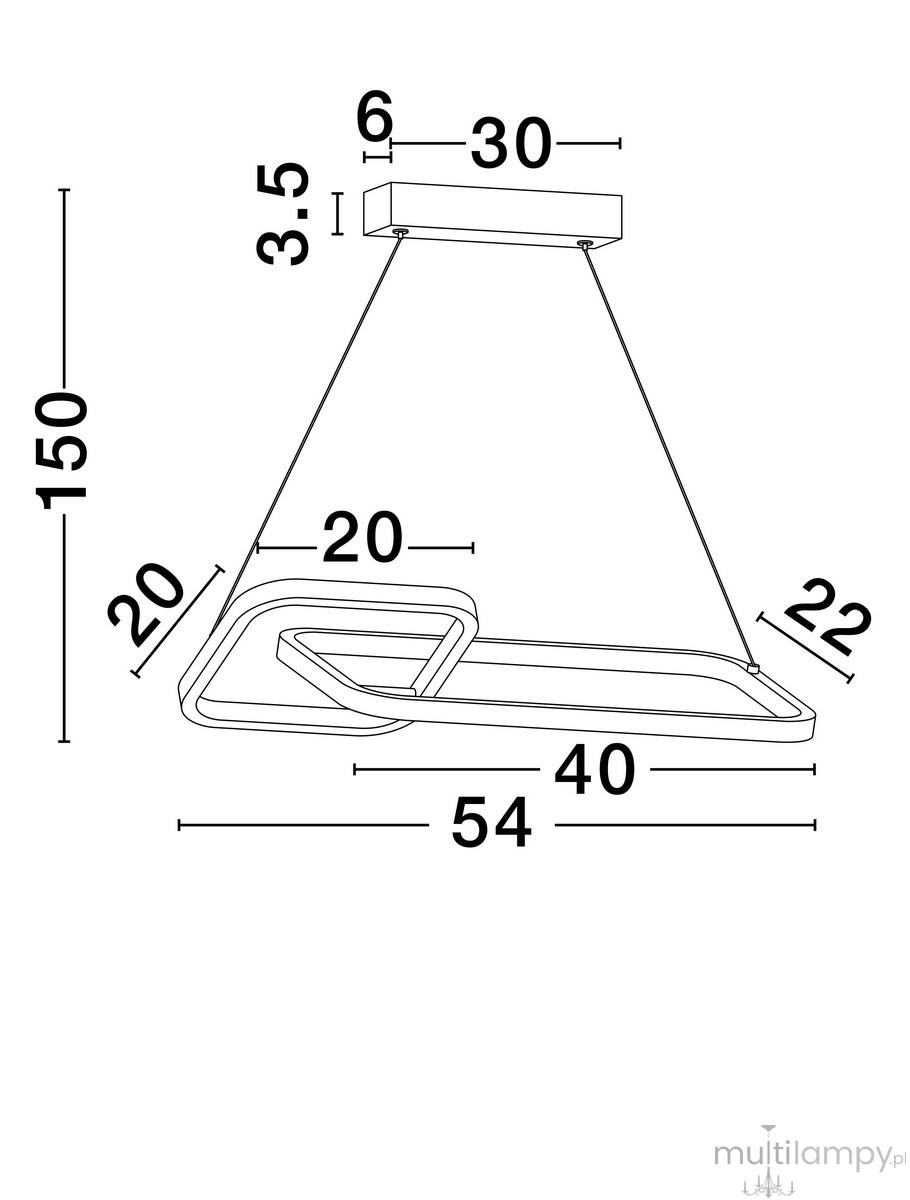 Lampa wisząca Chulumani 2xLED 36W w kolorze czarnym. Posiada nowoczesny kształt z wymiarami 54 cm długości, 22 cm szerokości, zawieszona na cienkich linkach. Zamontowana na prostokątnej podstawie o wymiarach 30x6 cm.