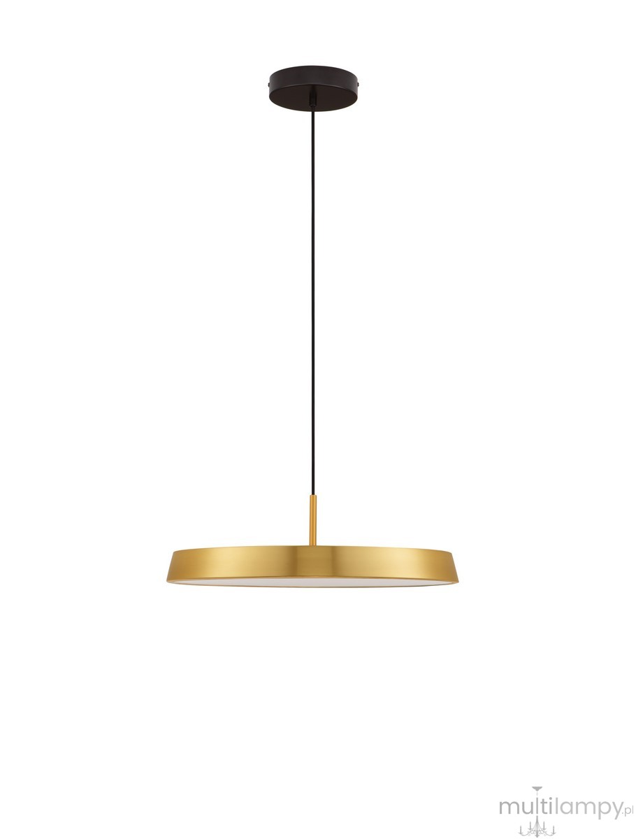 Lampa wisząca Coruna 1xLED 37W, czarna, z okrągłym, złotym kloszem o matowej powierzchni. Zawieszona na cienkim, czarnym przewodzie. Prosty, nowoczesny design, idealna do wnętrz.