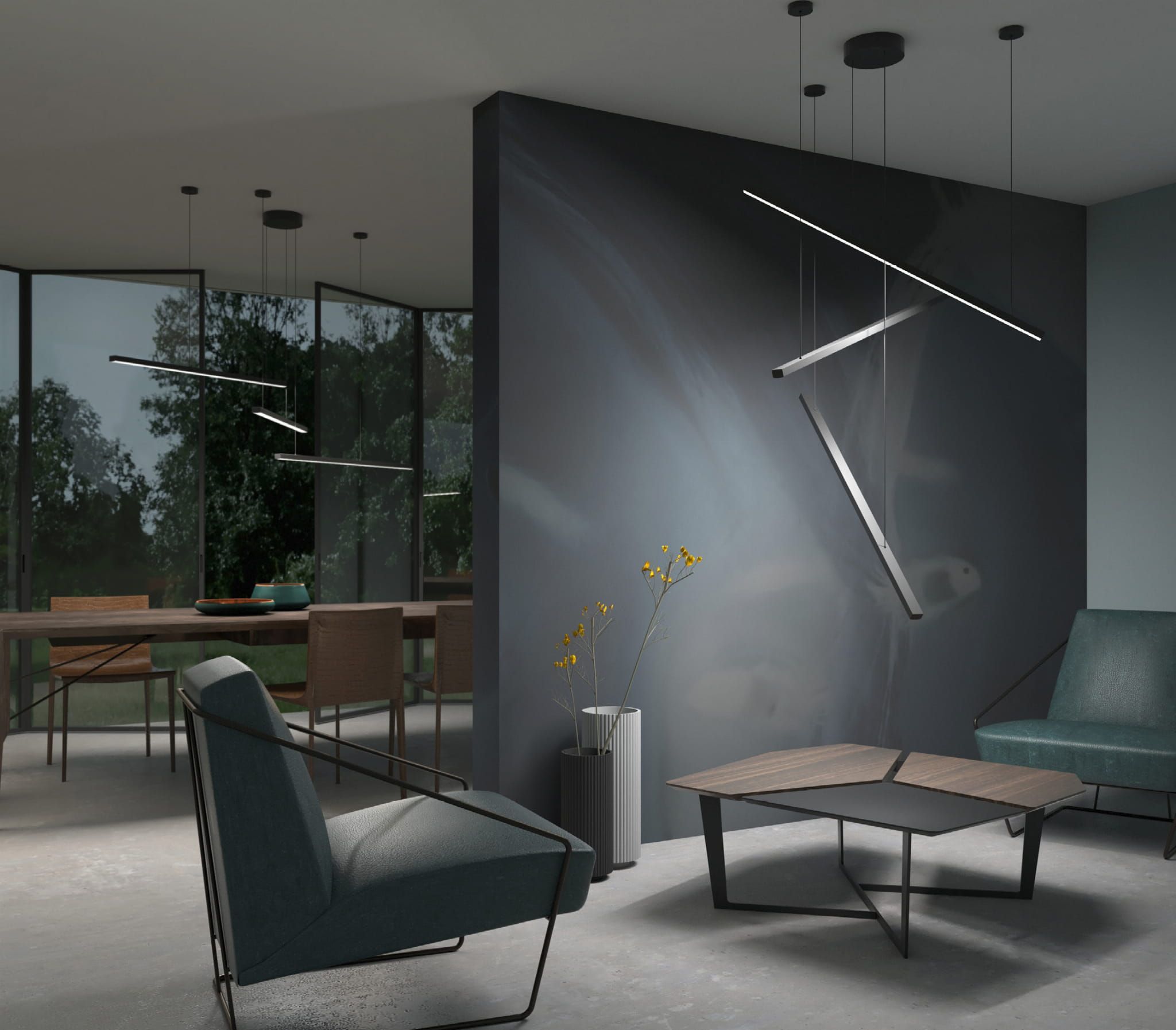 Trio LED lampa wisząca 3-punktowa w kolorze czarnym, z nowoczesnym designem. Umieszczona w salonie, z trzema cienkimi, poziomymi ramionami. Tło stanowi ciemna ściana oraz szklane okna, tworząc elegancką aranżację wnętrza.