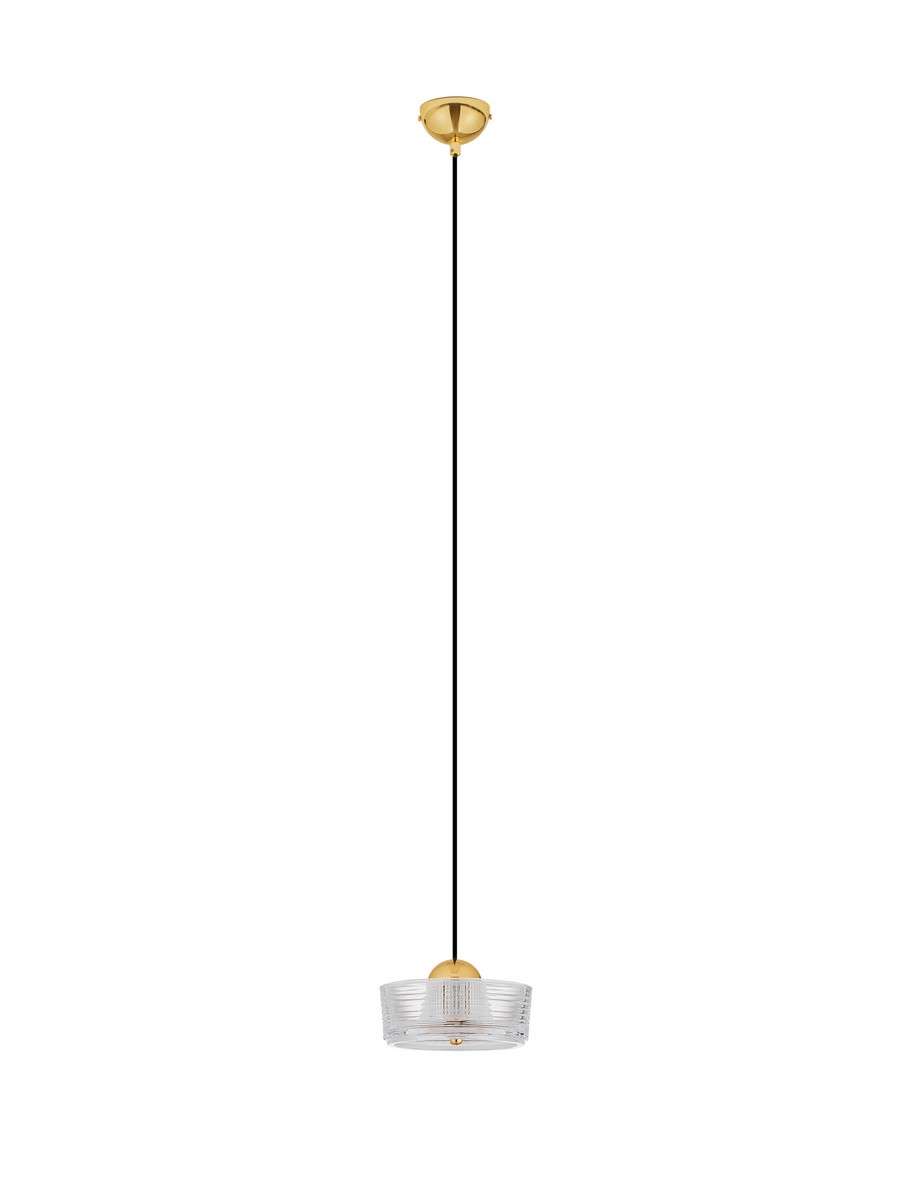 Lampa wisząca Espinar z jedną żarówką LED 6W. Złota oprawa z przezroczystym kloszem o teksturowanej powierzchni. Produkt zawieszony na czarnym przewodzie, w lekkim, modernistycznym stylu.