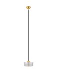 Lampa wisząca Espinar z jedną żarówką LED 6W. Złota oprawa z przezroczystym kloszem o teksturowanej powierzchni. Produkt zawieszony na czarnym przewodzie, w lekkim, modernistycznym stylu.