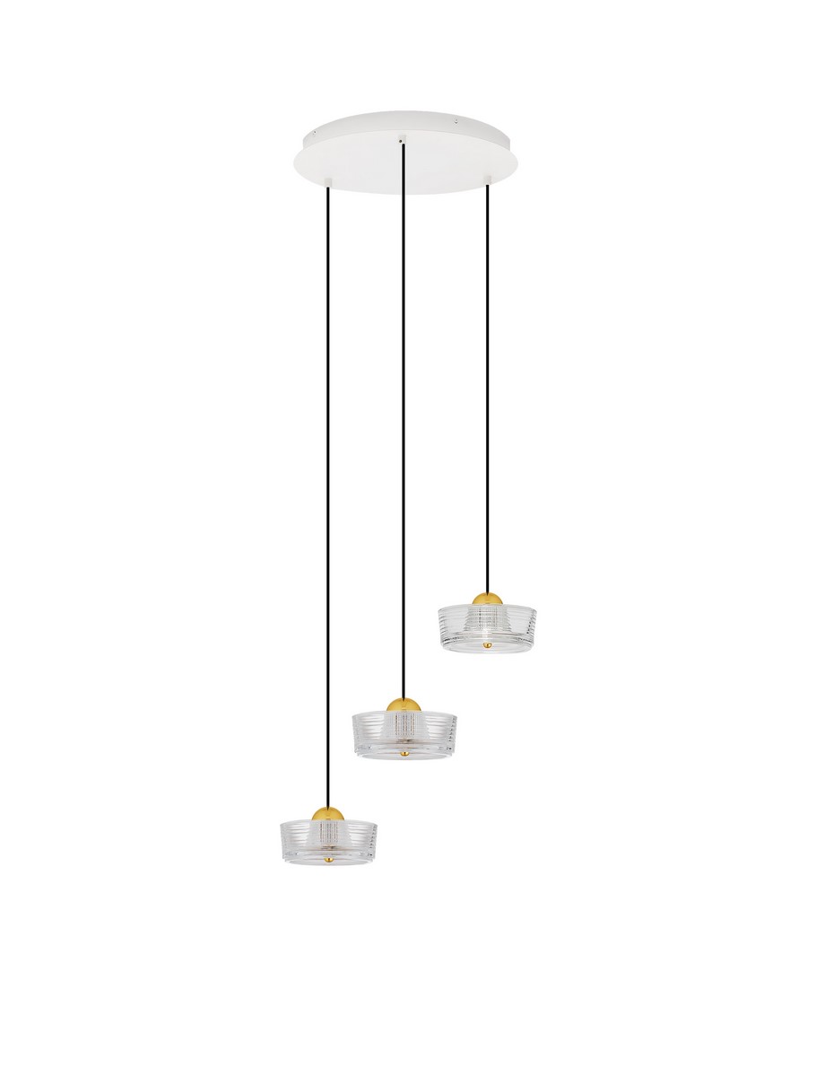 Lampa wisząca Espinar z trzema kloszami LED 18W, w białym kolorze z złotymi detalami. Klosze mają okrągły kształt, wykonane z przezroczystego materiału, zawieszone na czarnych linkach. Montowana na okrągłej, białej podstawie sufitowej.