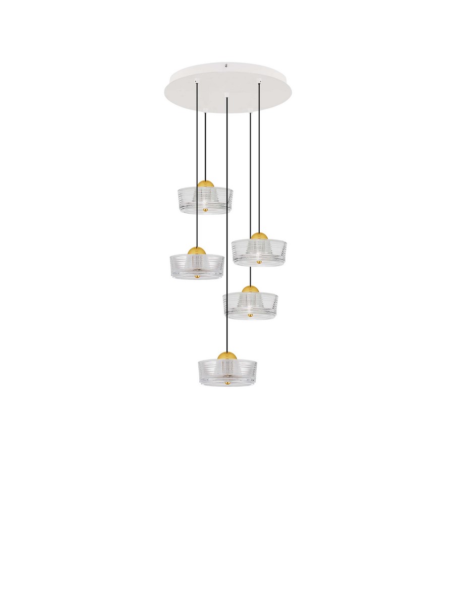 Lampa wisząca Espinar z pięcioma kloszami LED, 30W, z białym sufitem i złotymi detalami. Klosze w przezroczystym, teksturowanym szkle zawieszone na czarnych przewodach. Ułożenie pionowe, stylowe oświetlenie do nowoczesnych wnętrz.