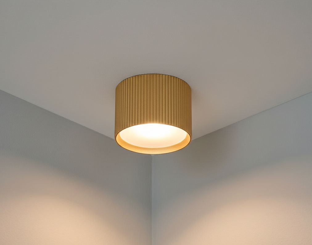 Lampa sufitowa Gisele w złotym kolorze, w kształcie tuby, z teksturowaną powierzchnią. Ujęcie z dołu, zamontowana w rogu pomieszczenia, emitująca ciepłe światło. Proste, nowoczesne wzornictwo, idealna do wnętrz.