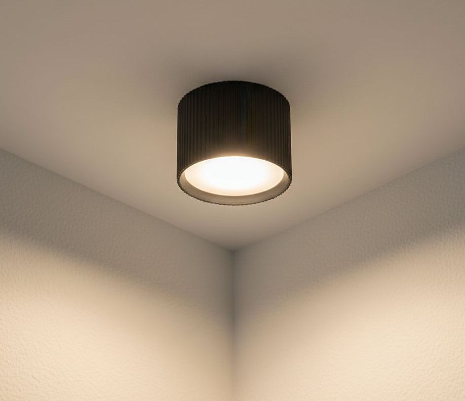 Czarna lampa sufitowa tuba GX53, zamontowana w kącie sufitu. Okrągła, teksturowana obudowa z widocznym źródłem światła. Prosta, nowoczesna forma, na jasnym tle ściany.