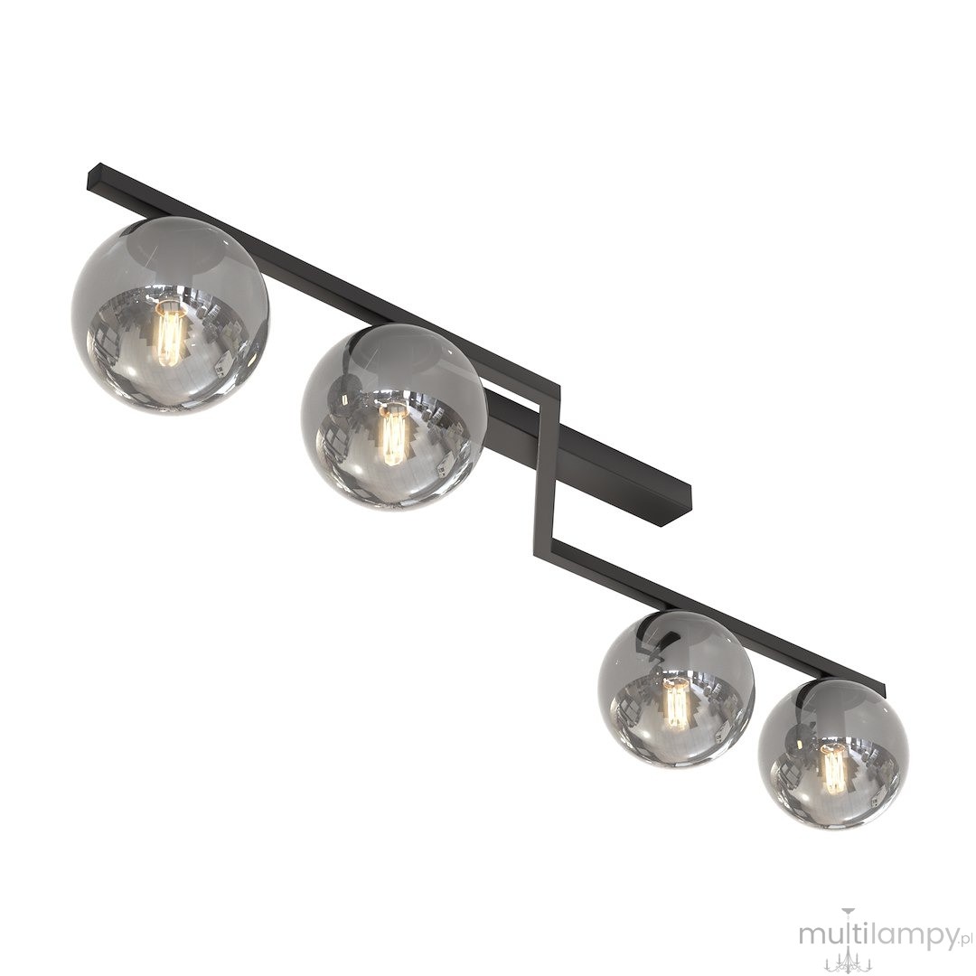 Lampa sufitowa Naton z czarną grafitową konstrukcją, zawierająca cztery okrągłe klosze w przezroczystym szkle, umieszczona na prostokątnym ramieniu. Ujęcie z boku, pokazujące detale i układ źródeł światła.