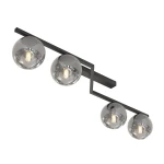 Lampa sufitowa Naton z czarną grafitową konstrukcją, zawierająca cztery okrągłe klosze w przezroczystym szkle, umieszczona na prostokątnym ramieniu. Ujęcie z boku, pokazujące detale i układ źródeł światła.