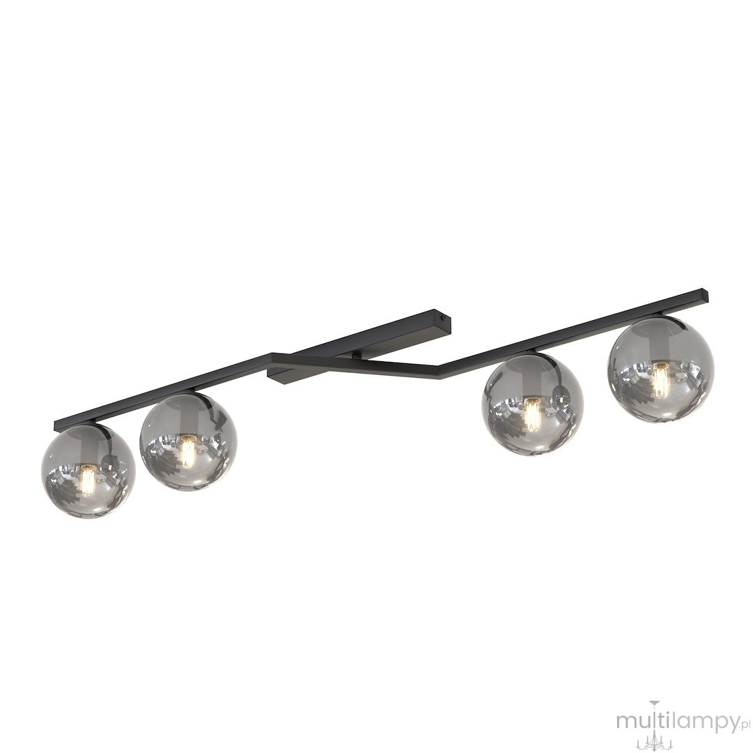 Czarna lampa sufitowa Naton z czterema oprawami E14, umieszczonymi na metalowej, grafitowej konstrukcji. Szklane klosze w kształcie kul, transparentne, nadają nowoczesny wygląd. Lampa zamontowana na suficie w pozycji poziomej.