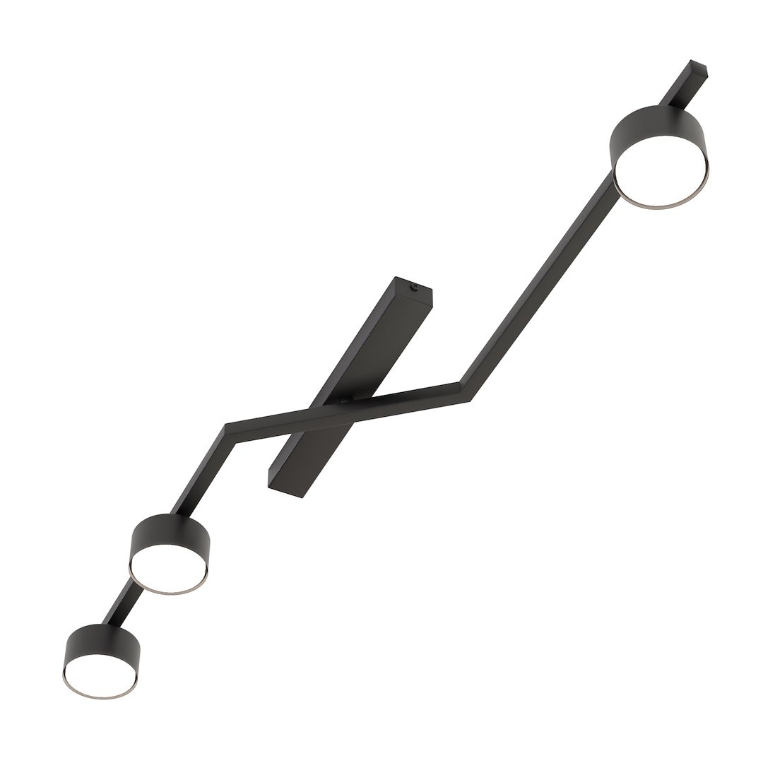 Lampa sufitowa Skan 3xGX53 w kolorze czarnym, z trzema okrągłymi oprawami na końcach asymetrycznej konstrukcji. Produkt montowany do sufitu, wykonany z metalu, o matowej fakturze.