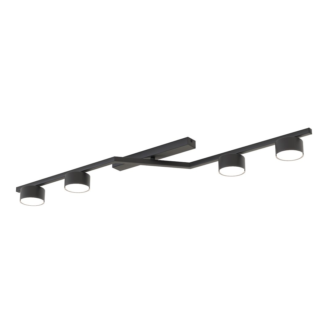 Czarna lampa sufitowa Skan z czterema oprawami GX53, zamontowana na prostokątnej podstawie. Ujęcie frontalne, pokazujące nowoczesny design i minimalistyczny styl. Elementy o okrągłym kształcie, z matowym wykończeniem.