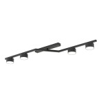 Czarna lampa sufitowa Skan z czterema oprawami GX53, zamontowana na prostokątnej podstawie. Ujęcie frontalne, pokazujące nowoczesny design i minimalistyczny styl. Elementy o okrągłym kształcie, z matowym wykończeniem.