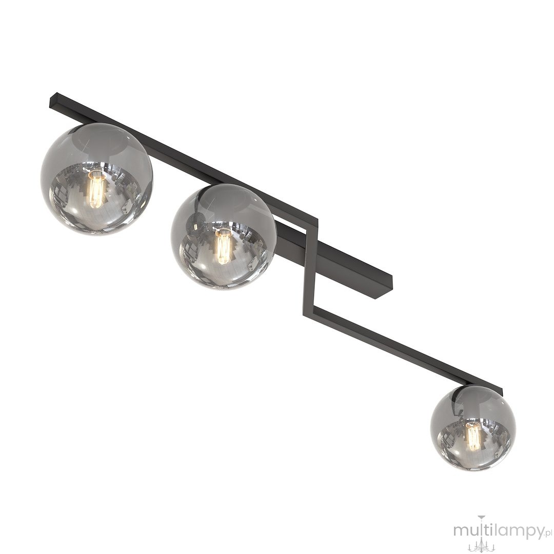 Lampa sufitowa Naton w kolorze czarnym grafitowym, z trzema kulistymi kloszami. Ułożona poziomo, z widocznymi żarówkami E14, minimalistyczny design z metalowym stelażem. Klosze mają przezroczystą fakturę, co podkreśla nowoczesny styl.