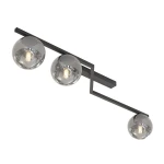Lampa sufitowa Naton w kolorze czarnym grafitowym, z trzema kulistymi kloszami. Ułożona poziomo, z widocznymi żarówkami E14, minimalistyczny design z metalowym stelażem. Klosze mają przezroczystą fakturę, co podkreśla nowoczesny styl.