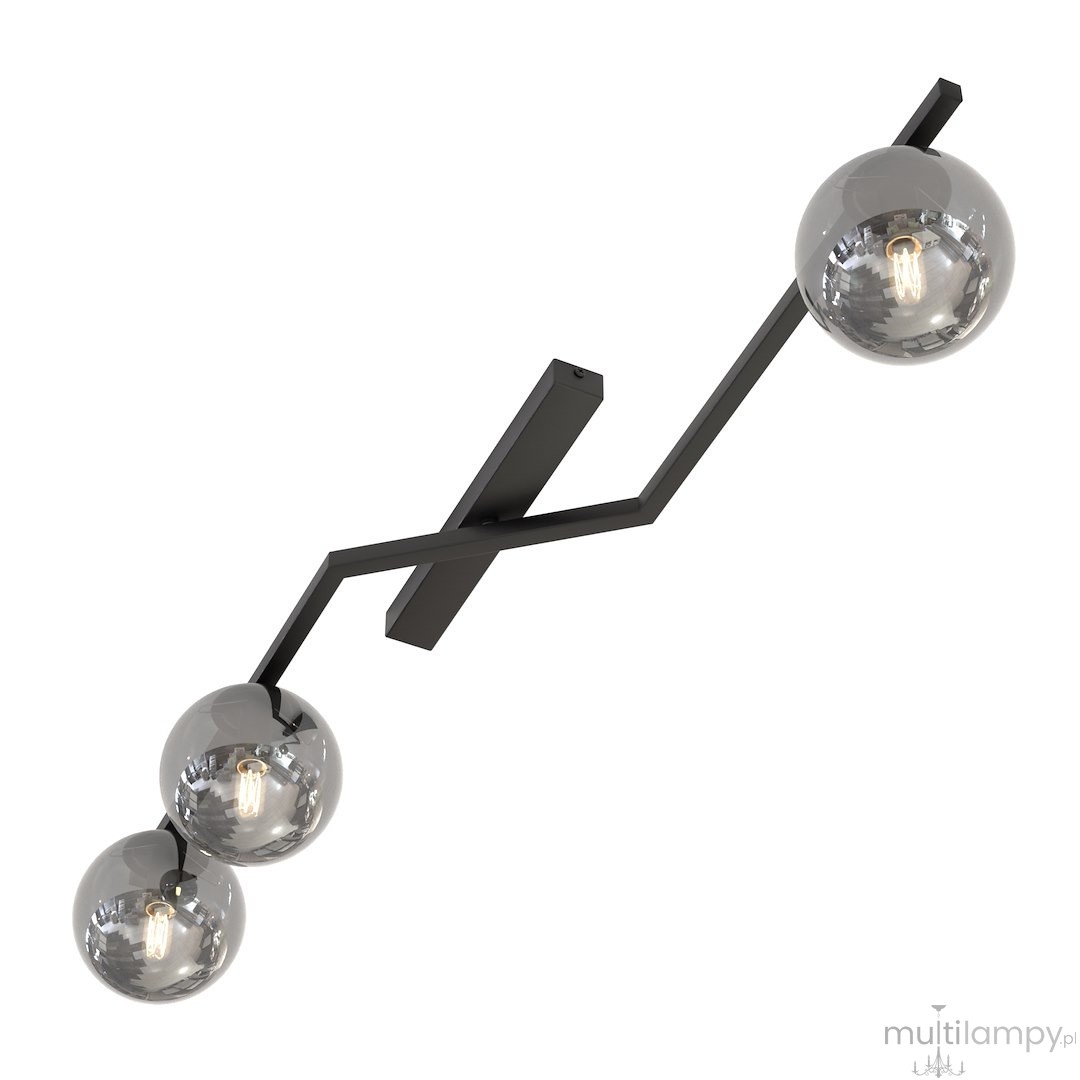 Lampa sufitowa Naton z trzema oprawami E14, w kolorze czarnym grafitowym. Kształt prostokątny z trzema kulistymi kloszami. Ujęcie z góry, pokazujące eleganckie linie i przezroczyste klosze z widocznymi żarówkami.