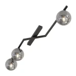 Lampa sufitowa Naton z trzema oprawami E14, w kolorze czarnym grafitowym. Kształt prostokątny z trzema kulistymi kloszami. Ujęcie z góry, pokazujące eleganckie linie i przezroczyste klosze z widocznymi żarówkami.