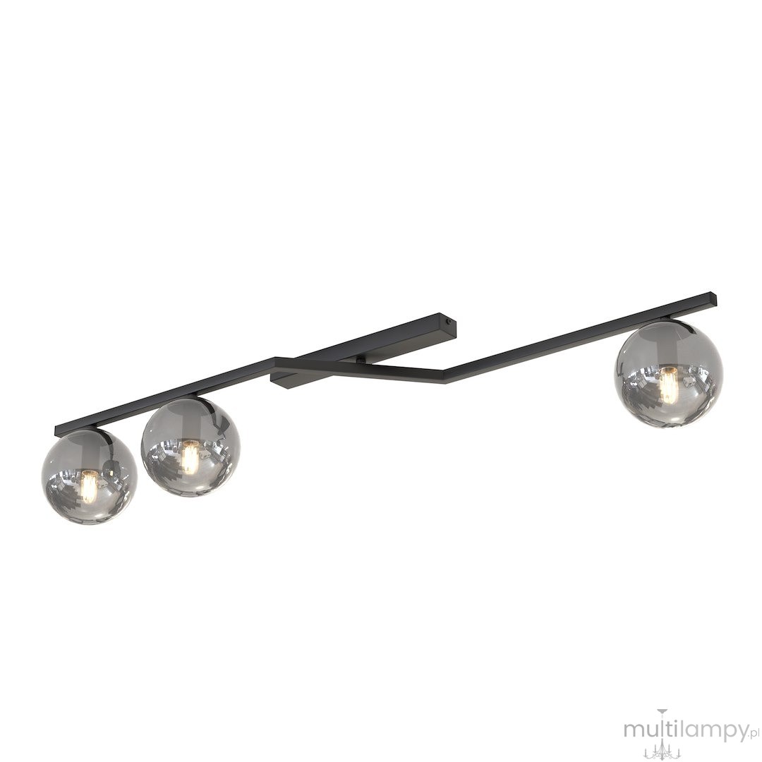 Lampa sufitowa Naton z trzema oprawami E14, w kolorze czarnym grafitowym. Posiada okrągłe klosze w przezroczystym szkle. Ułożona poziomo, z subtelnym, nowoczesnym designem, idealna do różnych wnętrz.