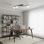 Lampa sufitowa Naton 3xE14 w kolorze czarnym z opalowymi kloszami, zamontowana na suficie. Trzy źródła światła rozmieszczone na prostokątnej ramie. W tle nowoczesne biuro z drewnianym biurkiem, krzesłem oraz regałem.