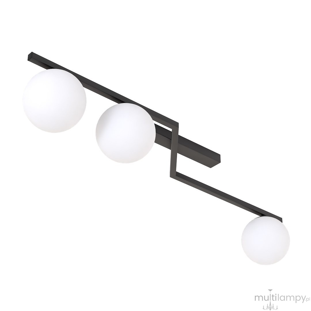 Lampa sufitowa Naton z trzema opalowymi kulami na czarnym stelażu, zamontowana poziomo. Kule mają gładką, matową powierzchnię, a całość prezentuje nowoczesny, minimalistyczny design. Idealna do różnych wnętrz.